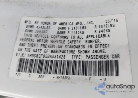 2016 Honda Accord Touring z USA, uszkodzony, nr VIN 1HGCR3F90GA031426